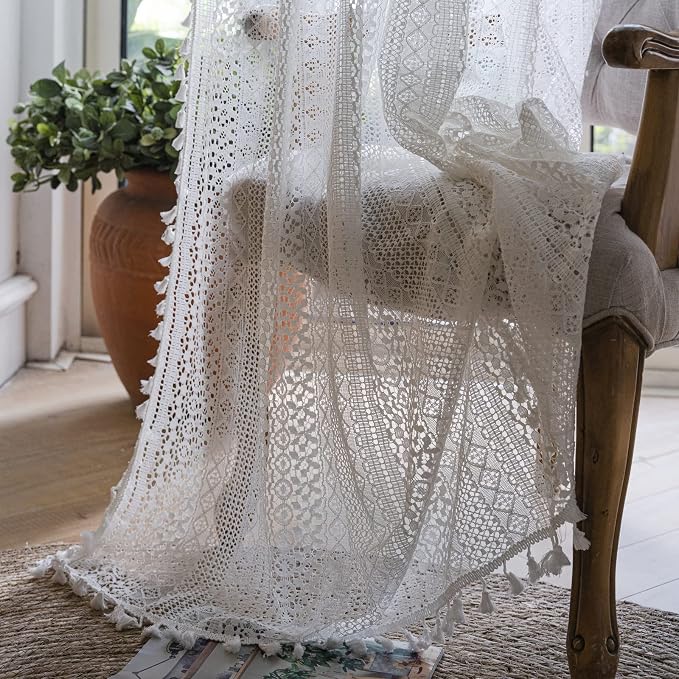 Sutuo Home White Crochet Boho Curtains 63 Inches Length, Sheer Lace Handmade - Image 6