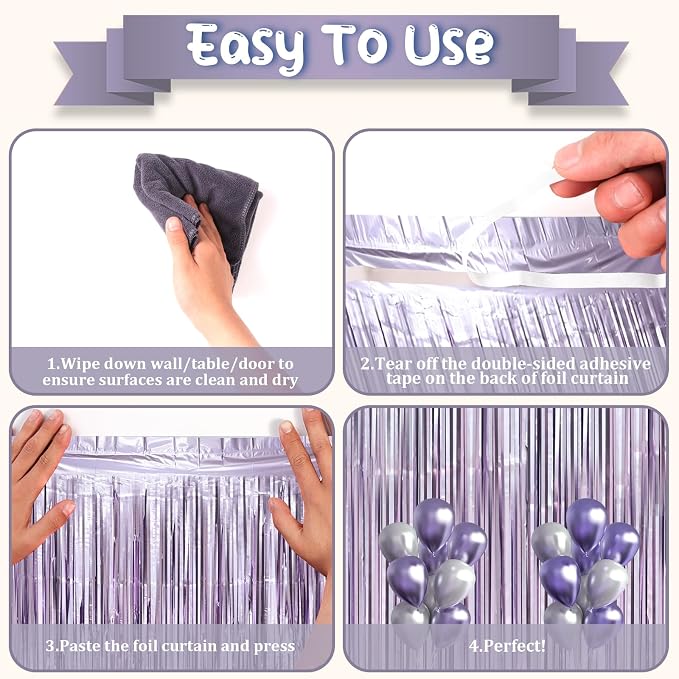 Voircoloria Light Purple Foil Fringe Backdrop Curtains, 3 Pack | Tinsel - Image 4