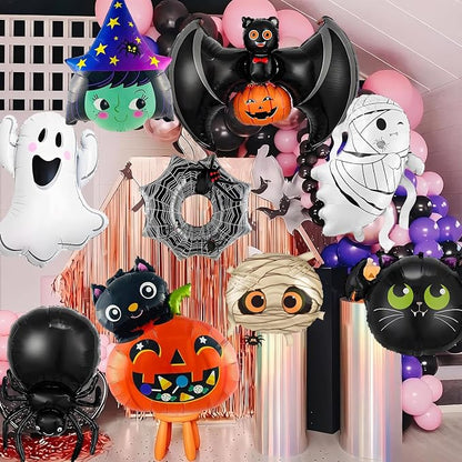 9Pcs Halloween Balloons Decoration Set, Foil Ghost, Spider Web, Pumpkin & Bat - Image 4