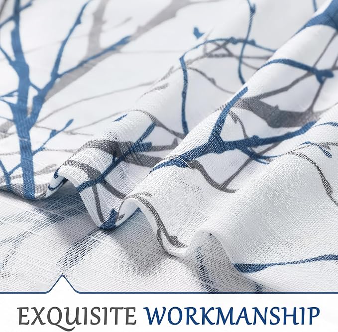 FMFUNCTEX Linen Blue White Semi Sheer Print Curtains 72 Inch Long 2 Panels | - Image 7