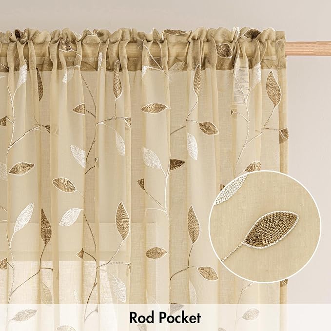 MIULEE Beige Sheer Curtains 2 Panels Embroidered Leaf Patterned, W52 x L96 | - Image 6