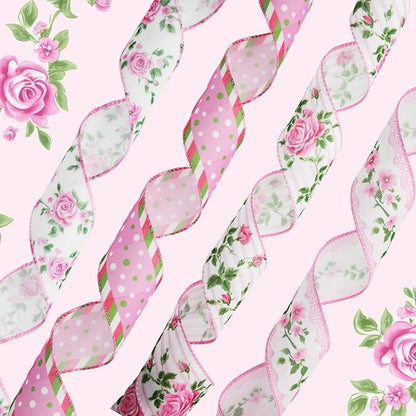 4 Rolls Pink Rose Floral Wired Edge Ribbon – 2.5 Inch, 5 Yards Each, Summer - Image 6