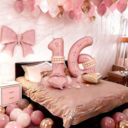 40 Inch Number 6 Balloon Pink, Dusty Blush Pink Gold White Sand Apricot Latex - Image 4