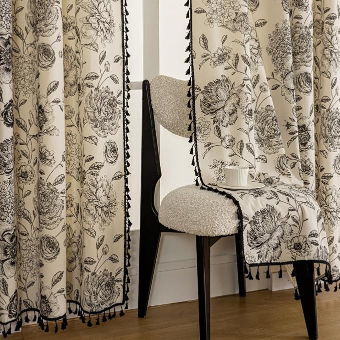 F-CHU Black Floral Farmhouse Curtains Living Room Drapes 84 Inch Length Cotton - Image 3