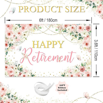 Mocsicka Happy Retirement Backdrop Pink Floral Retirement Banner - Image 4