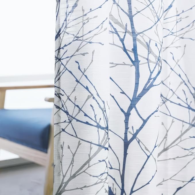 FMFUNCTEX Linen Blue White Semi Sheer Patio Curtains 96 Inch Long 1 Panel | - Image 8