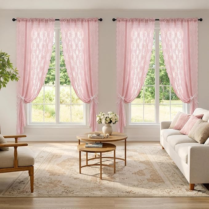 MIULEE Vintage Floral Scalloped Lace Curtains, Light Pink 52" W x 63" L | 2 - Image 2