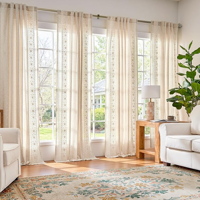 jinchan Floral Linen Curtains Embroidered Back Tab 50x96in 2 Panels Ivory | - Image 2
