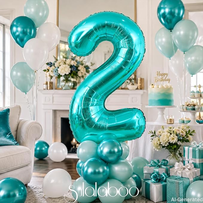 40 Inch Big Teal Blue Number 2 Foil 0-9 Mylar Helium Balloons | Large Digital - Image 3
