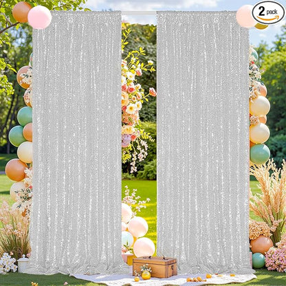 Silver Sequin Backdrop Curtains 2Panel 2x8ft by FYLEDAEETABLECLOTHS