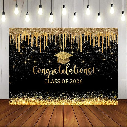 Mocsicka 8x6ft Graduation Backdrop 2026 Black and Gold Graduation Decorations - Image 7