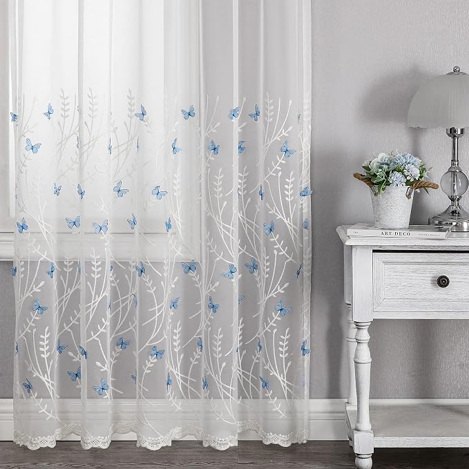 White Sheer Voile Curtains White Embossed Butterflies 96 Inches | Light - Image 6