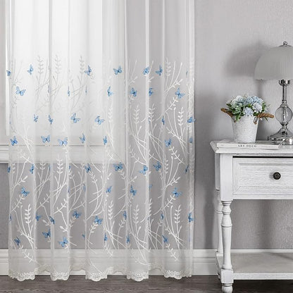 White Sheer Voile Curtains White Embossed Butterflies 96 Inches | Light - Image 6