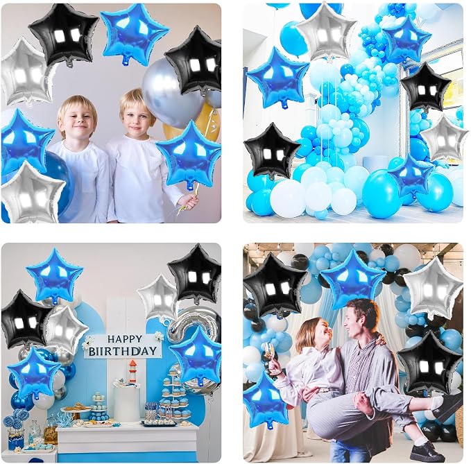Blue Black Silver Star Foil Balloons, 18 Inch Metallic Star Pentagram Balloons - Image 8