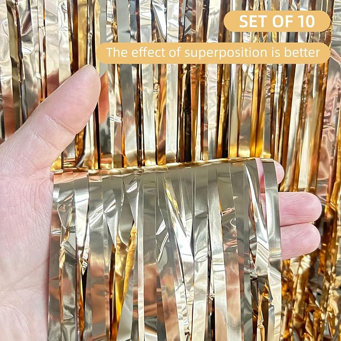 10 Pack Champagne Gold Foil Curtain Backdrop 3.2ft x 9.8ft Metallic Tinsel Foil - Image 2