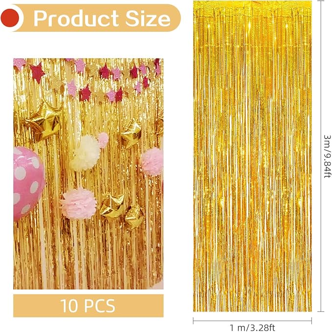 10 Pack Gold Foil Curtain Backdrop 3.2ft x 9.8ft Metallic Tinsel Foil Fringe - Image 3