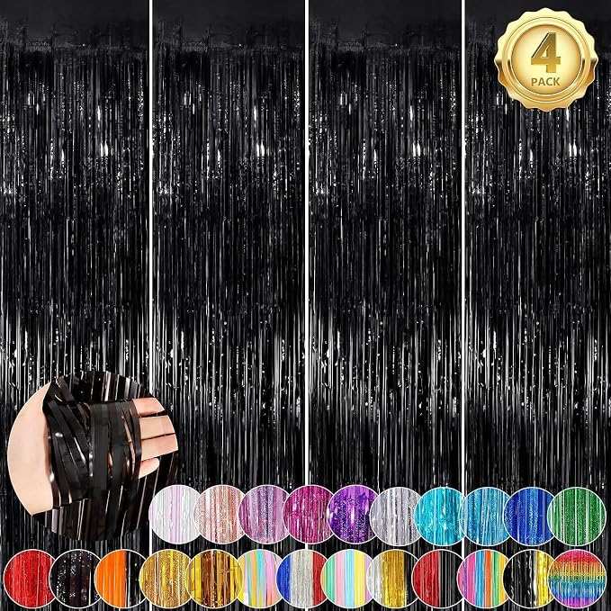 Black Fringe Curtain Party Streamers 4Pack 3.3 x 8.3 Ft Foil Fringe Backdrop by UWPVOWSR