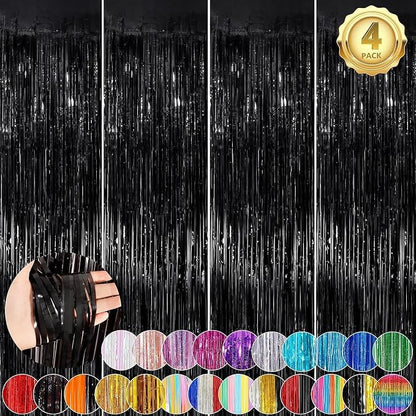 Black Fringe Curtain Party Streamers 4Pack 3.3 x 8.3 Ft Foil Fringe Backdrop by UWPVOWSR