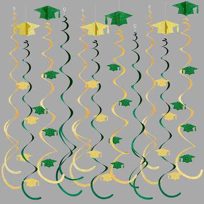 24Pcs Green Gold Graduation Grad Cap Hanging Felt Swirl Streamer Spiral Ceiling by pinkblume