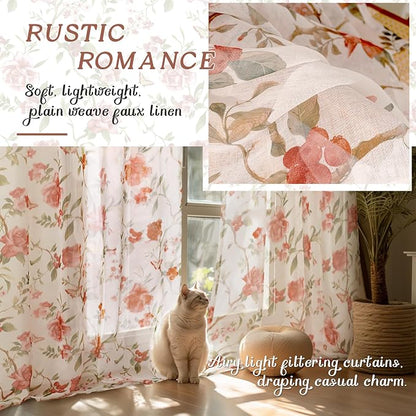 Sheer Curtains 45 Inch Length 2 Panels Set, Floral Patterned Linen Look - Image 4