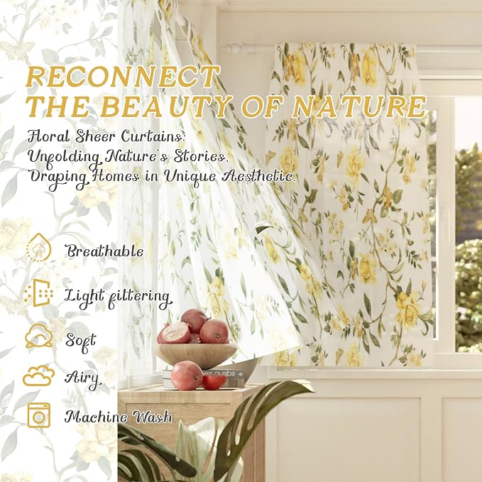 Sheer Curtains 45 Inch Length 2 Panels Set, Floral Patterned Linen Look - Image 2