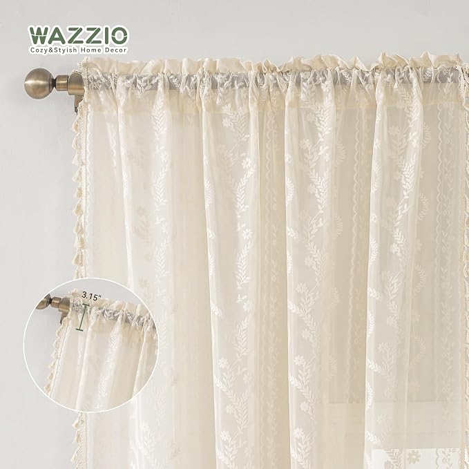 WAZZIO Boho Lace Curtains 2 Panels 45 Inches -Cute Vintage Victorian Sheer - Image 5