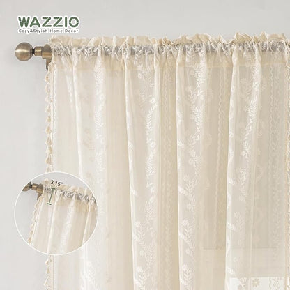 WAZZIO Boho Lace Curtains 2 Panels 45 Inches -Cute Vintage Victorian Sheer - Image 5