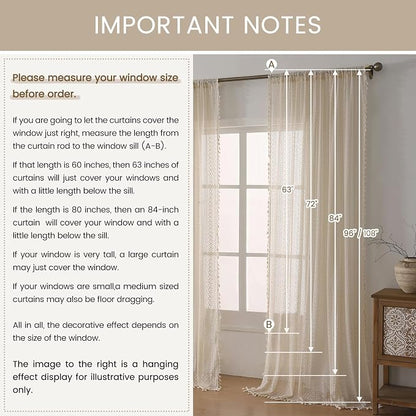WAZZIO Boho Lace Curtains 63 Inches 2 Panel, Light Filtering Privacy Tassel & - Image 6