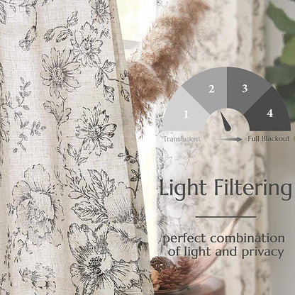 jinchan Black Floral Linen Curtains 84 Inch Vintage Back Tab 2 Panels | Light - Image 3