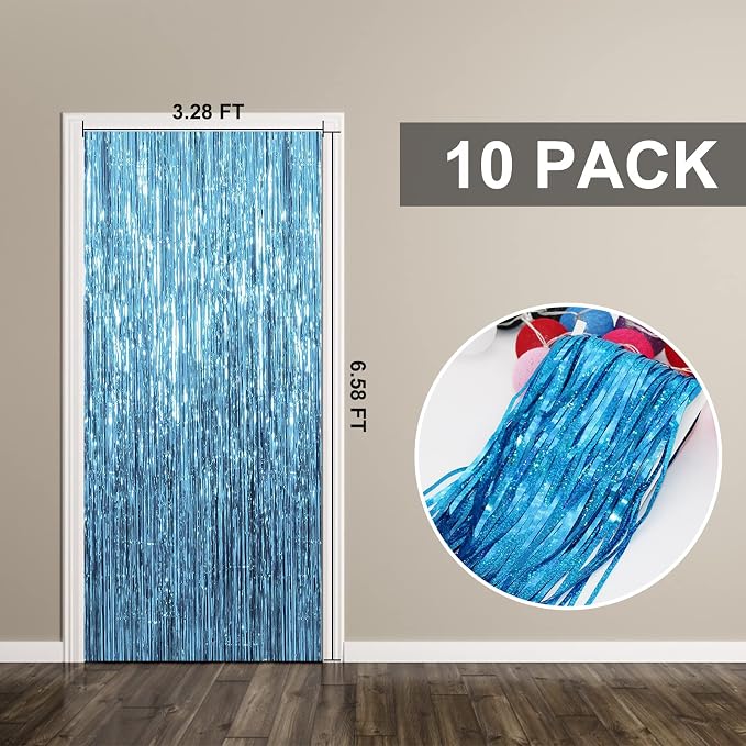 10 Pack Foil Curtain Backdrop Blue Metallic Tinsel Foil Fringe Curtains Photo - Image 7
