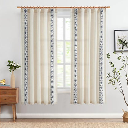jinchan Floral Linen Curtains Embroidered Back Tab 50x72in 2 Panels Blue | - Image 3