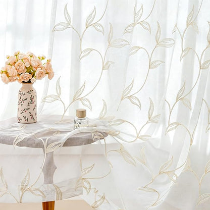 Sheer Curtains Boho Leaf Floral Embroidered Cream Beige 54Wx96L | Light by VISIONTEX