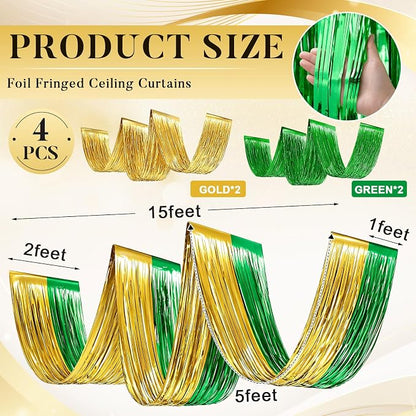 4 Pcs 15ft Gold Green Metallic Foil Ceiling Fringe Curtains, Fringe Drapes - Image 2