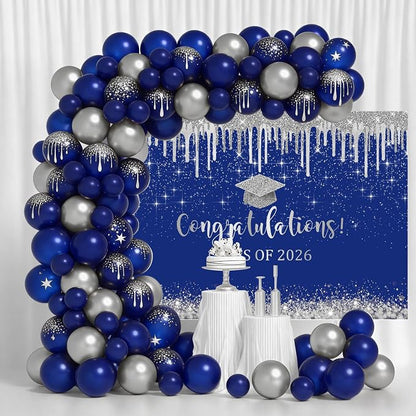 Mocsicka Blue and Sliver Graduation Backdrop Congratulations Class of 2026 - Image 2