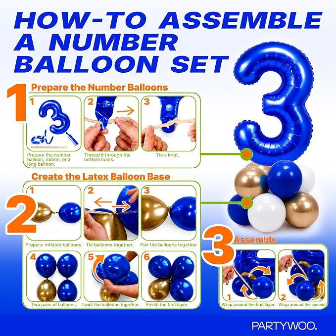 PartyWoo Number Balloons 40 Inch Blue Number 3 Kit - Image 7
