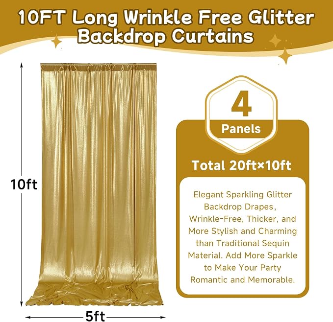 20x10ft Thick Gold Glitter Backdrop Curtain Panels - Image 6