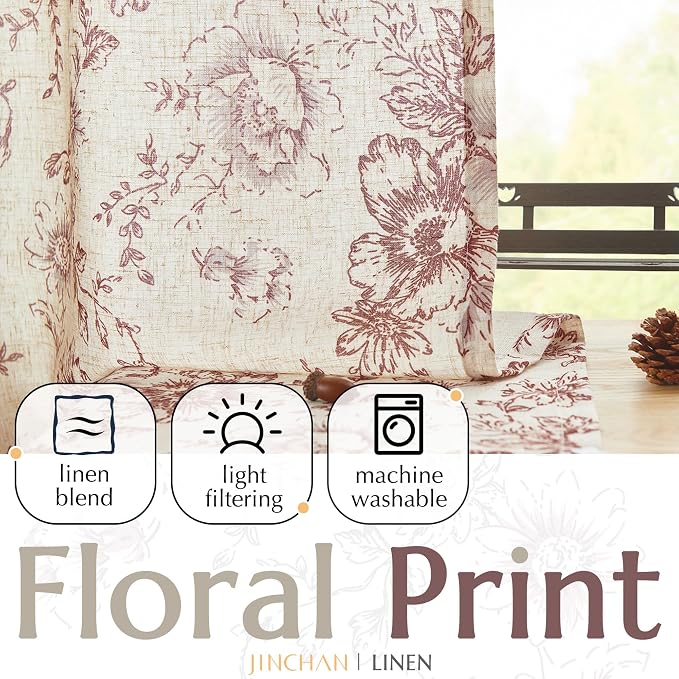 jinchan Red Floral Linen Curtains 96 Inch Farmhouse Back Tab 2 Panels | Light - Image 5