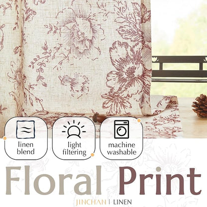 jinchan Red Floral Linen Curtains 96 Inch Farmhouse Back Tab 2 Panels | Light - Image 5