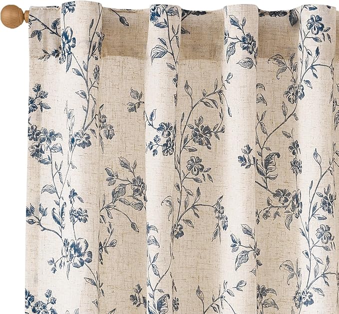 Blue Vintage Floral Linen Curtains Farmhouse 38W X 90L 2 Panels | Elisa Series by Lazzzy