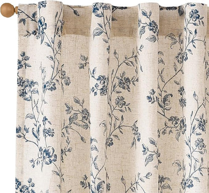Blue Vintage Floral Linen Curtains Farmhouse 38W X 90L 2 Panels | Elisa Series by Lazzzy
