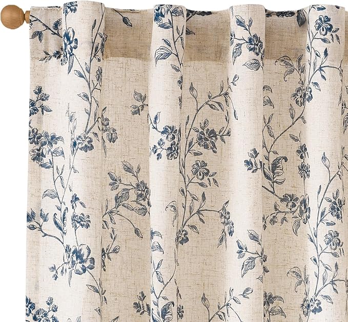 Blue Vintage Floral Linen Curtains Farmhouse 38W X 96L 2 Panels | Elisa Series by Lazzzy