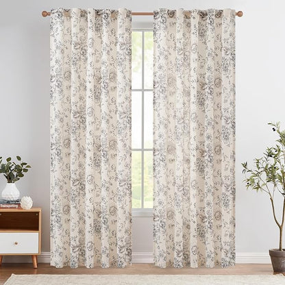 jinchan Black Floral Linen Curtains 84 Inch Vintage Back Tab 2 Panels | Light by JINCHAN