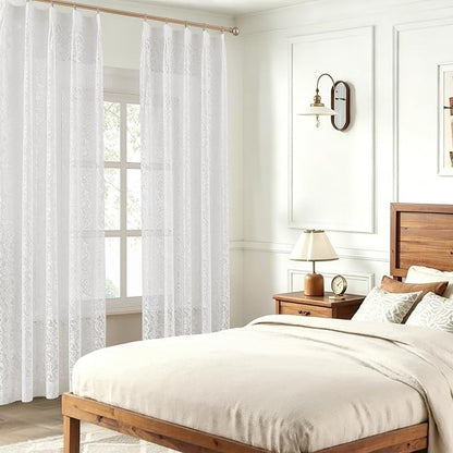 Bujasso White Lace Pinch Pleat Curtains 108 inch, Vintage Floral Sheer Drapes - Image 7