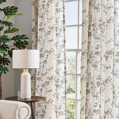jinchan Black Floral Linen Curtains 63 Inch Rustic Drapes Back Tab 2 Panels | - Image 6