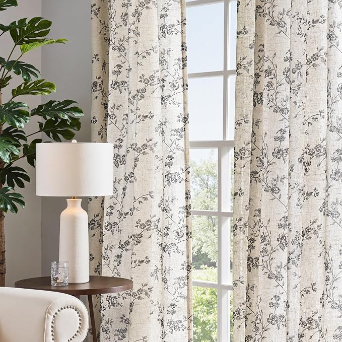 jinchan Black Floral Linen Curtains 84 Inch Rustic Drapes Back Tab 2 Panels | - Image 7