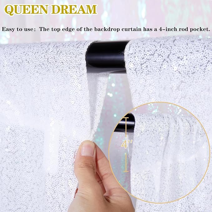 Sparkly Backdrop White Sequin Photo Backdground Curtain 3 Pack 2x8ft | Sequin - Image 3