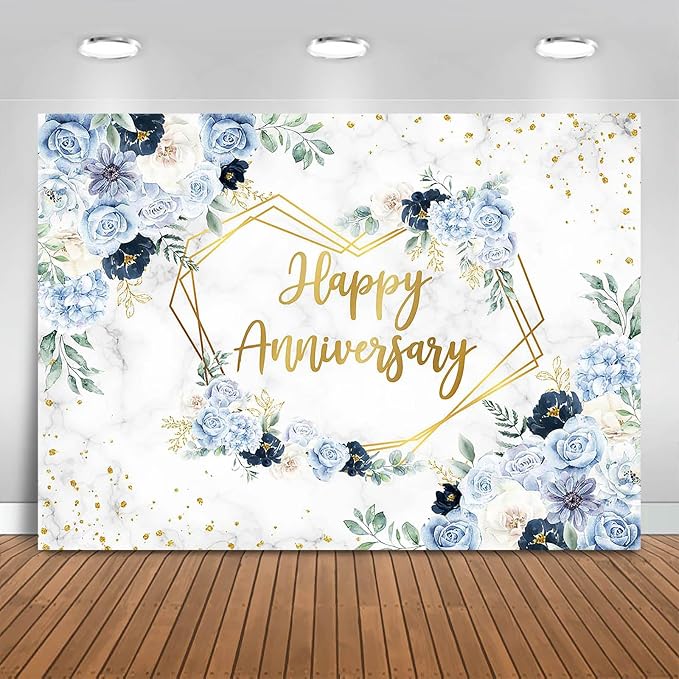 Happy Anniversary Backdrop 7x5ft Blue and White Flowers Wedding Anniversary by Fitumiw