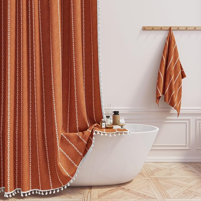 72x84 Long Farmhouse Linen Heavy Duty Shower Curtain Set, Burnt Orange | Tall by ShowerCurtain