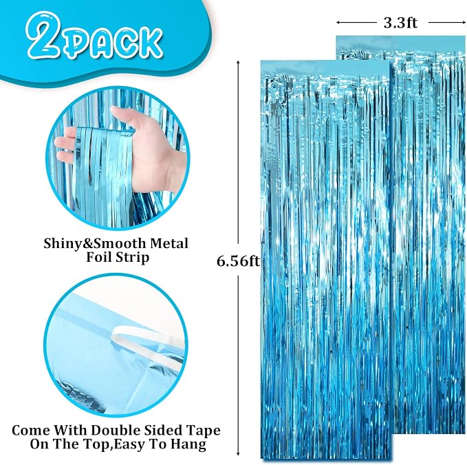 Voircoloria Light Blue Foil Fringe Backdrop Curtains, 2 Pack | Tinsel Streamers - Image 3