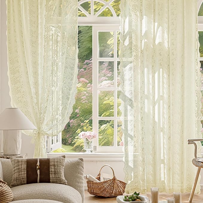 Anmao Vintage Lace Curtains 90 Inches Long 2 Panels Set, Romantic Elegant Light - Image 6